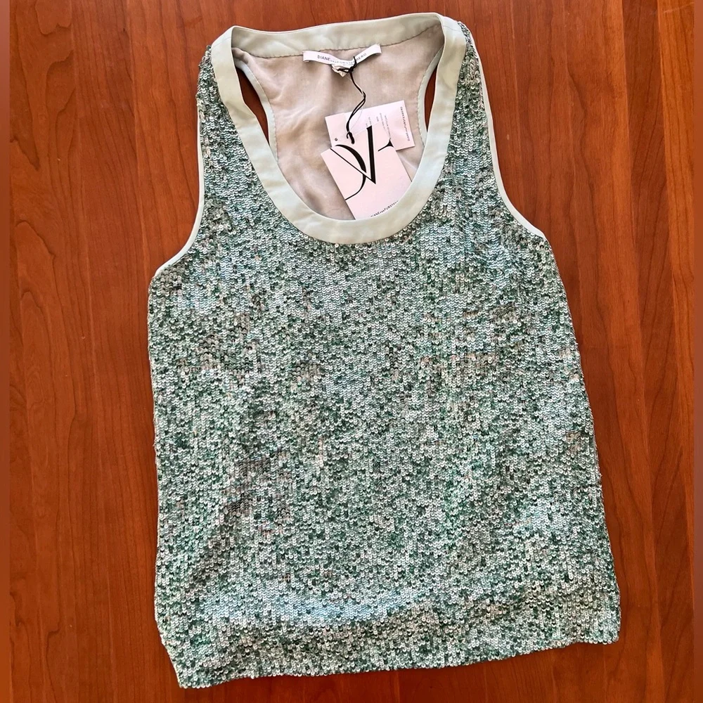 Diane Von Furstenberg Emilia Turquoise & Green Silk Marble Sequin Tank - Picture 9 of 16